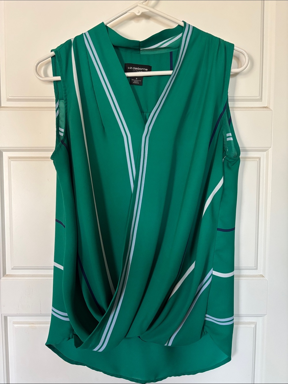 Liz Claiborne Emerald Green Sleeveless V-Neck Draped Blouse with Stripe Accents